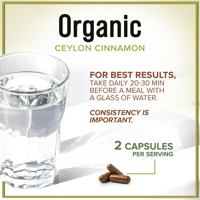 Ceylon Cinnamon Capsules Supplement 1800mg - Certified Organic Ceylon Cinnamon Powder Pills - Energy & Heart Support for Women & Men, Bottled in USA, Antioxidant, Gluten Free, Non-GMO - 120 Capsules