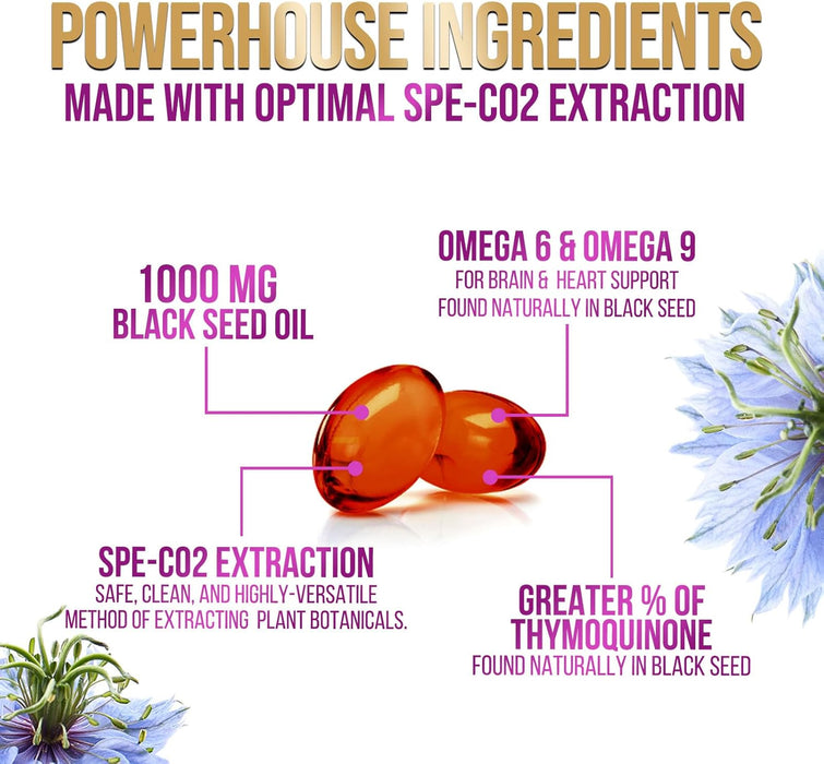 Black Seed Oil Softgels 1000mg - Premium Extra Strength Nigella Sativa Black Seed Oil, Pure Black Cumin Seed Oil for Hair, Skin, Brain Health & Immune Support, Non-GMO, Sugar & Gluten Free