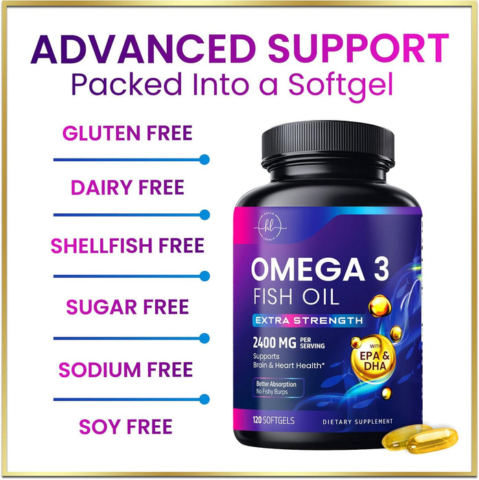 Omega 3 Fish Oil Triple Strength 2400 mg Rapid Release Softgels, Omega-3 Supplements, Natural Brain Heart Joint Health & Immune Support - Fatty Acids with EPA & DHA - Fish Oil Supplement