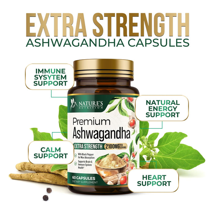 Ashwagandha Capsules for Women & Men - 2100mg Ashwagandha Supplement, Natural Antioxidant Support, Ashwa Root Extract, Extra Strength Calm Support with Black Pepper, Vegan & Gluten Free - 60 Capsules