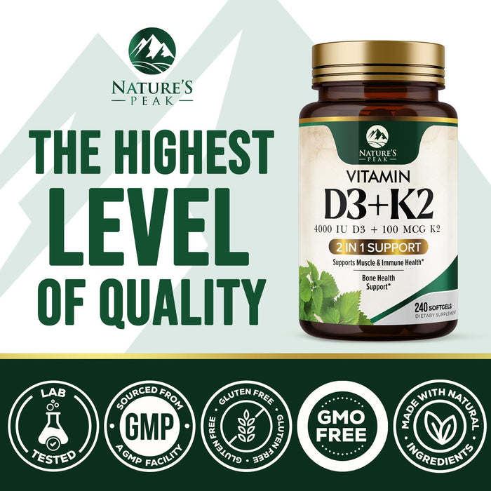 Vitamin D3 + K2 (MK-7) – 5000 IU D3 + 100mcg K2 – 240 Count