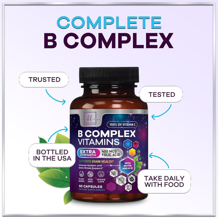 B Complex Vitamin Supplement 1000mcg - 3X Strength with Vitamin C & Folic Acid - Super B12 Complex Vitamins for Energy, Supports Hair Growth, Immune Support for Women & Men, USA Bottled, 60 Capsules