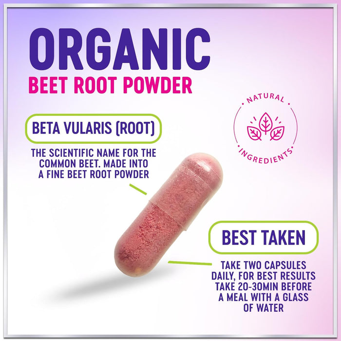 Organic Beet Root Capsules 1300mg - Extra Strength Beetroot Powder Supplement - Supports Blood Pressure, Athletic Performance & Immune System, Non-GMO, Gluten Free - Bottled in the USA - 120 Capsules