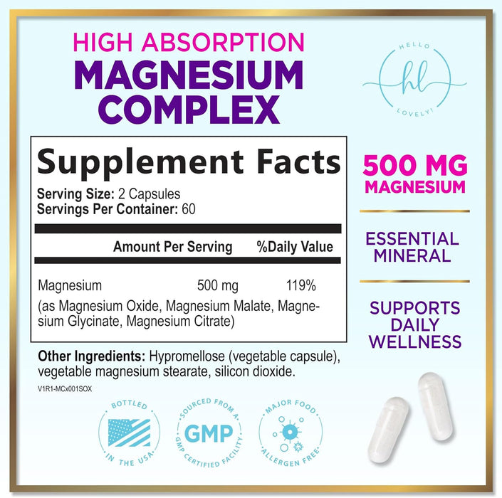Magnesium Complex 500 mg - Best Blend of Glycinate, Citrate, Malate & Oxide - Supports Sleep, Muscle, Bone & Heart Health - High Absorption, Chelated Magnesium Mineral Supplement - 120 Capsules