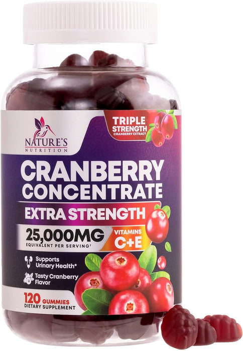 Nature's Nutrition Cranberry Urinary Tract Health Gummies + Vitamin C - 25,000mg - Triple Strength Cranberry Concentrate Extract Supplement Pills, Ultimate Potency, Non-GMO, Gluten Free