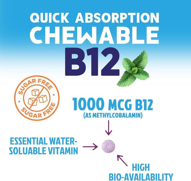 Vitamin B12 1000 mcg (Methylcobalamin) Super B 12 Complex Dietary Supplement For Energy & Immune Support, Vegan, Sugar-Free, Sublingual, Tasty Raspberry Flavor - 120 Chewable Tablets