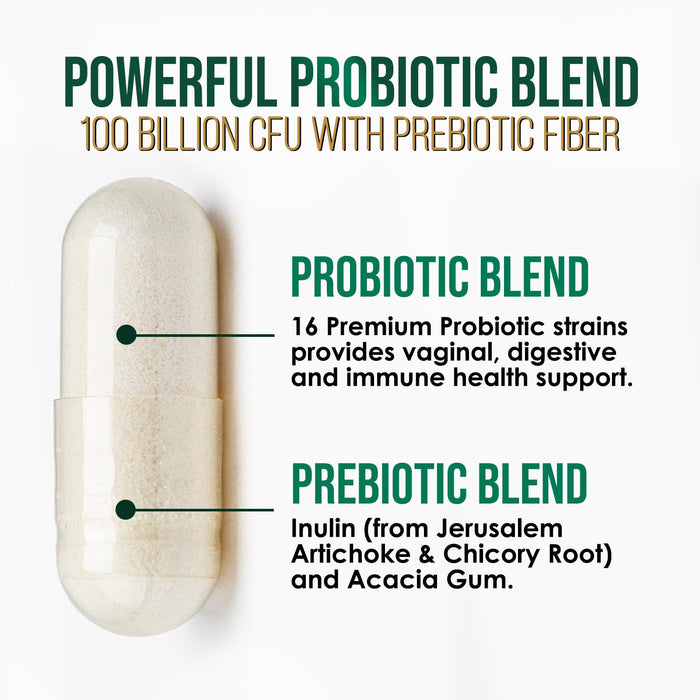 Probiotics for Women's Digestive Health - 100 Billion CFU, 16 Strains with Prebiotics, Supports Immune, Gut Health, PH, Gas & Bloating, Best Probiotic for Women & Men, Shelf Stable - 60 Capsules