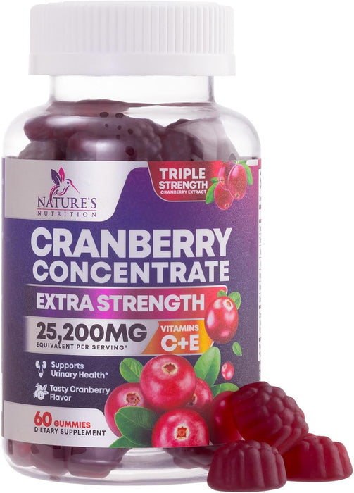 Nature's Nutrition Cranberry Urinary Tract Health Gummies + Vitamin C - 25,000mg - Triple Strength Cranberry Concentrate Extract Supplement Pills, Ultimate Potency, Non-GMO, Gluten Free