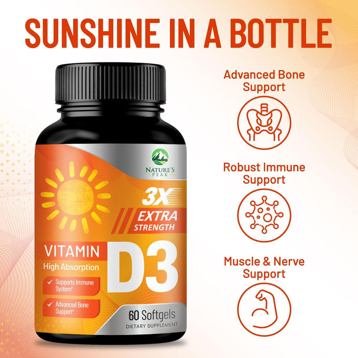 D Vitamin 5000 IU Vitamin D3 Softgels - High Potency D3 Vitamin for Bone Health, Muscle, & Immune Support - Extra Strength 125 mcg - Natures Non-GMO 5000iu D3 Supplement - 60 Softgels, 60 Day Supply
