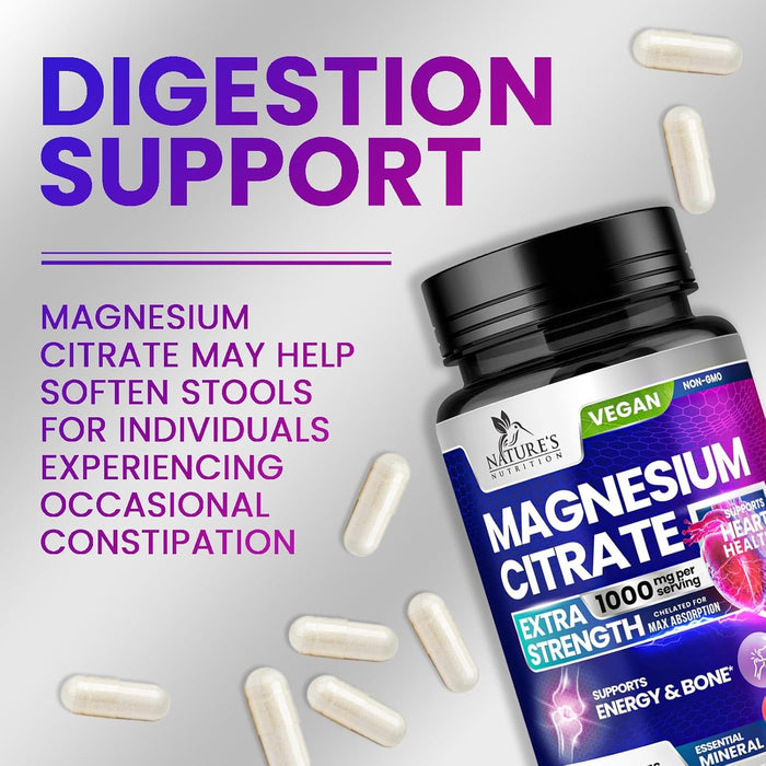 Magnesium Citrate Extra Strength 1000mg - Chelated for Max Absorption, Magnesium Capsules for Bone, Muscle & Heart Health Support, Nature's Magnesium Citrate Supplement, Vegan, Non-GMO