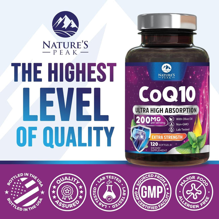 CoQ10 200mg - Ultra High Absorption Co Q 10 Softgel Supplement With Black Pepper, Energy & Heart Health Support Antioxidant - Coenzyme Q10 (Ubiquinone) for Women & Men, Bottled in USA - 120 Softgels