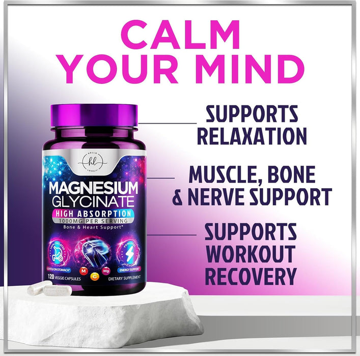 Magnesium Supplement for Women & Men - 140mg Total Magnesium from 1000mg Magnesium Glycinate to Support Muscle, Nerve, Bone & Heart Health - Natural, Vegan, High Absorption & Chelated