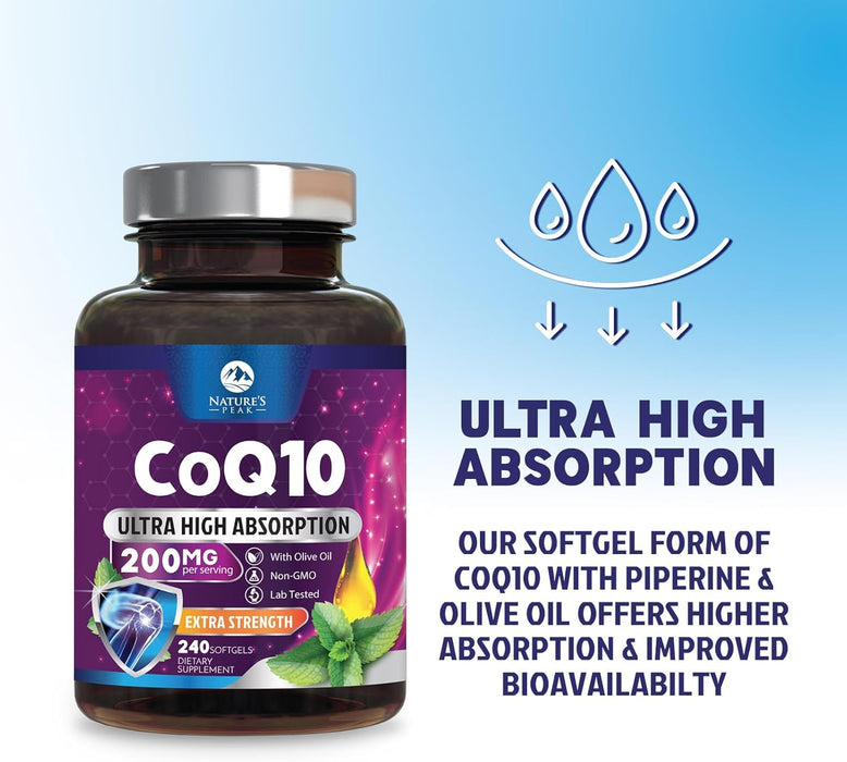 CoQ10 200mg - Ultra High Absorption Co Q 10 Softgel Supplement With Black Pepper, Energy & Heart Health Support Antioxidant - Coenzyme Q10 (Ubiquinone) for Women & Men, Bottled in USA - 240 Softgels