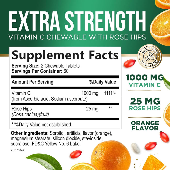 Chewable Vitamin C 1000 mg - Extra Strength Antioxidants for Powerful Immune Support with Vitamin C & Rose Hips - Potent Dietary Vitamin Supplement - Natural, Vegan, Gluten-Free, Non-GMO