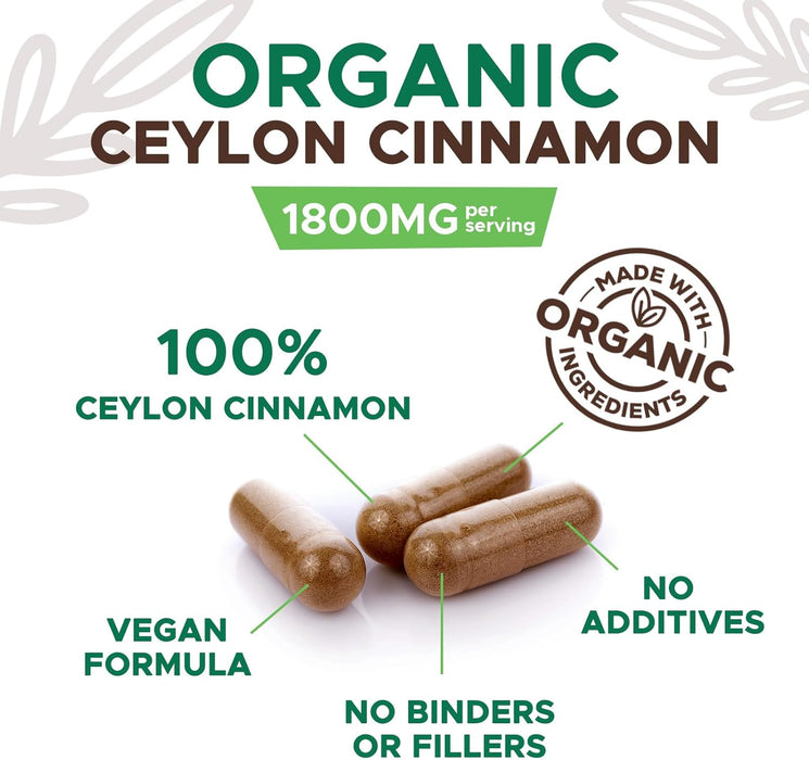 Pure Ceylon Cinnamon Capsules - Certified Organic Cinnamon Pills, Non-GMO, Dairy & Gluten Free, Sri Lanka Cinnamon Supplements, Vegan True Cinnamomum Vitamins, Sugar Free, Cinnamon Capsules