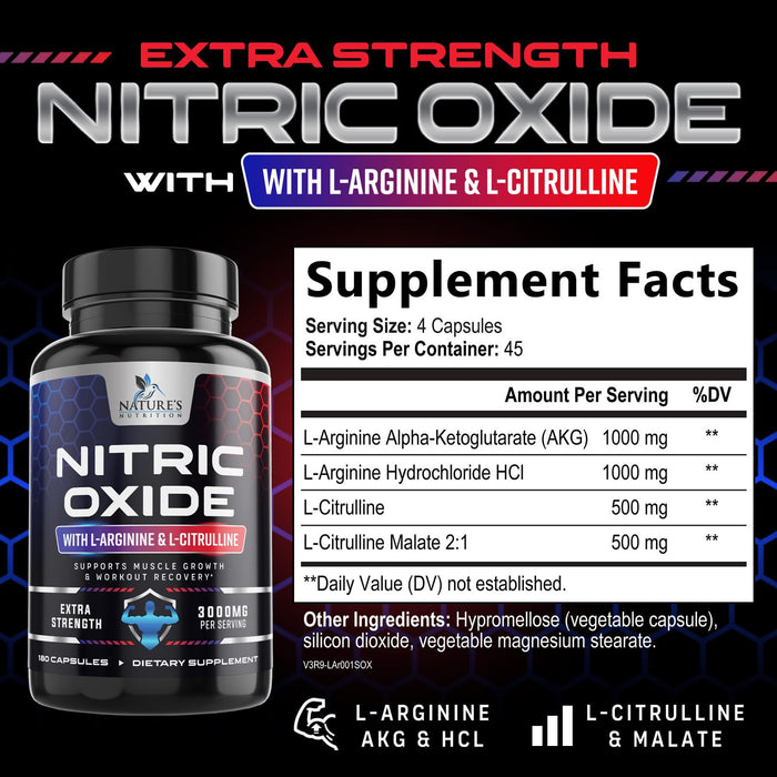 Nitric Oxide Formula with L-Arginine + Citrulline – 3000mg – 180 Capsules
