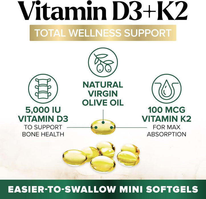 Vitamin D3 K2 Supplement | 5000 IU Vitamin D3 & 100 mcg Vitamin K2, 2 in 1 Vitamin D with K2 Complex Softgels, Support Immune, Heart, Joint, Teeth & Bone Health, Easy to Swallow, Non-GMO