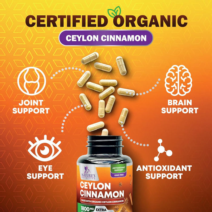Pure Cinnamon Capsules, Certified Organic Ceylon Cinnamon Pills, Non-GMO, Gluten-Free, Dairy-Free, Sri Lanka Cinnamon Powder Supplement, Best Vegan True Cinnamomum Vitamins, Sugar Free