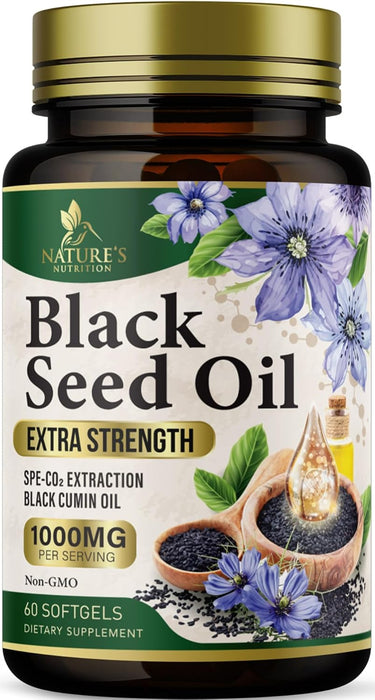 Premium Black Seed Oil Capsules Vegan Cold-Pressed 1000mg - Extra Strength Nigella Sativa Black Seed Oil, Nature's Pure Black Cumin Seed Oil for Immune, Hair and Brain Support, Non-GMO