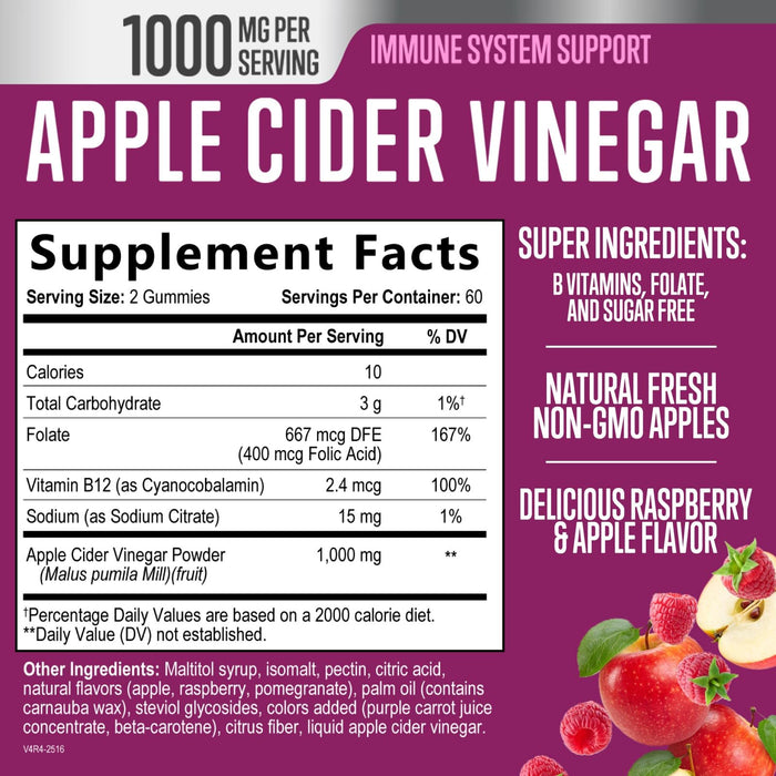 Apple Cider Vinegar Gummies Sugar Free 1000mg for Cleanse – 120 Gummies