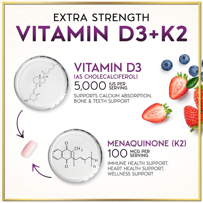 Vitamin D3 K2 - 5000 iu Vitamin D3 Per Serving Vitamin K2 (MK-7) Complex for Immune Support - Natural Bone, Teeth & Muscle Health Support - Berry Chewable, Gluten Free, Bottled in USA - 120 Tablets