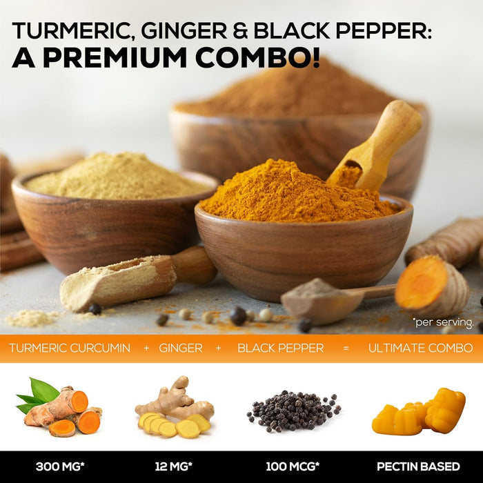 Turmeric Curcumin with Black Pepper Extract & Ginger Gummies, High Absorption Potent 95% Curcuminoids Turmeric Supplement, Nature's Tumeric Curcuma Gummy Pills, Joint Support Capsules