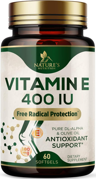Vitamin E 400 IU Softgels (180mg DL-Alpha) for Women & Men, Supplement for Max Absorption, Nature's Antioxidant for Skin, Heart, Eye, and Immune Health Support, Dairy, Gluten & Soy Free