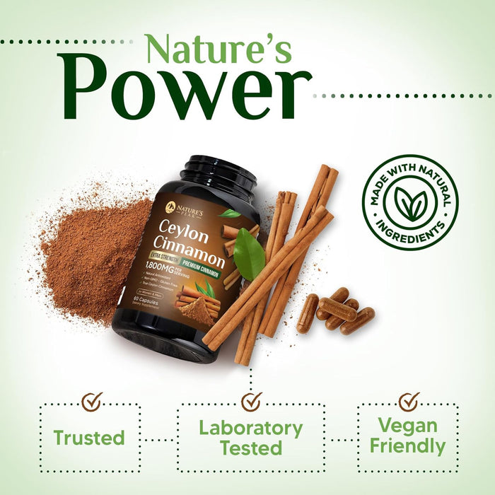 Organic Ceylon Cinnamon Capsules 1800mg - 3X Strength, Certified Organic Ceylon Cinnamon Powder Supplement - Metabolism Support, Antioxidant Pills, Gluten Free, Non-GMO, Bottled in USA - 60 Capsules