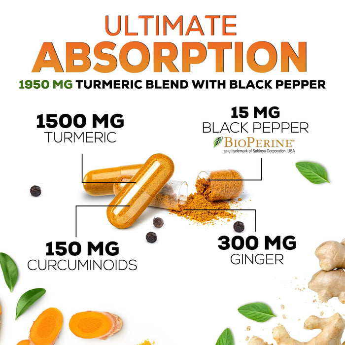 Turmeric Curcumin Supplement 1950mg - 95% Curcuminoids with Organic Turmeric & Ginger, BioPerine Black Pepper for Best Absorption, Nature's Vegan Joint Support, Non-GMO, Bottled in USA - 180 Capsules