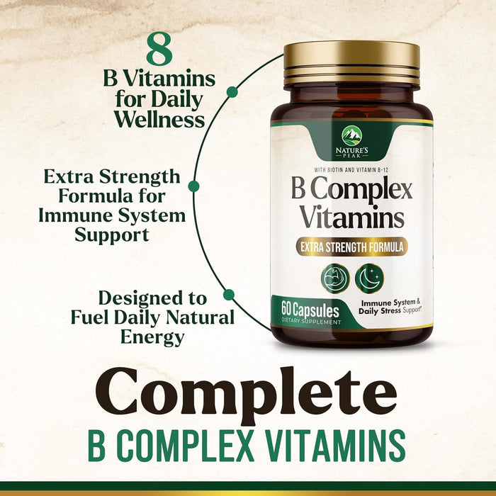 B Complex Vitamin Supplement 1000mcg - 3X Strength with Vitamin C & Folic Acid - Super B Complex Vitamins for Energy, Supports Hair Growth, Immune Support for Women & Men, USA Bottled - 60 Capsules