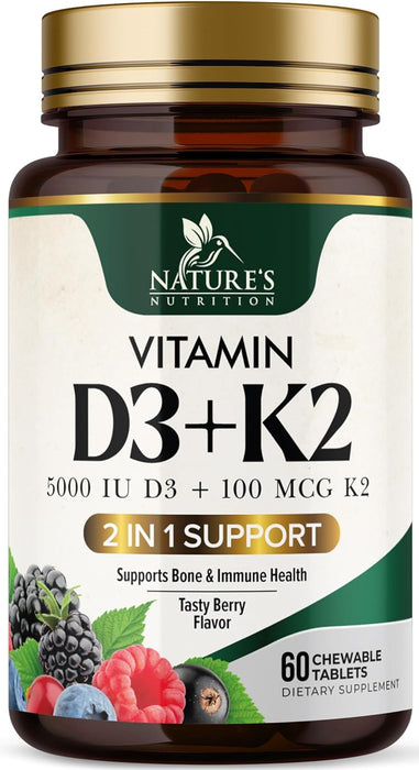Nature's Nutrition Vitamin D3 K2 5000 iu of D-3 & 100mcg of Vitamin K-2 as MK-7, 2-1 Complex for Immune Support, Heart, Joint, Teeth & Bone Health Support, Non-GMO, Berry Flavor