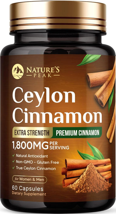 Organic Ceylon Cinnamon Capsules 1800mg - 3X Strength, Certified Organic Ceylon Cinnamon Powder Supplement - Metabolism Support, Antioxidant Pills, Gluten Free, Non-GMO, Bottled in USA - 60 Capsules