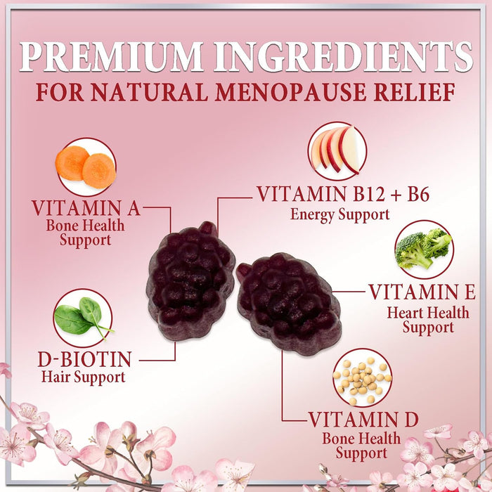 Menopause Supplements for Women Gummy - Multibenefit Menopause Relief Gummies, Natural Hot Flash and Night Sweats Support - Energy Support Supplement, Raspberry Pomegranate - 60 Gummies