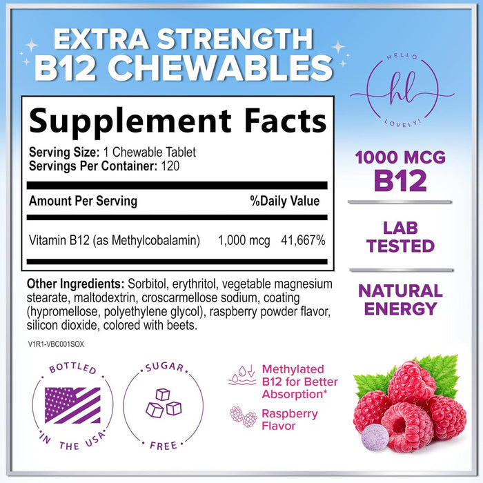 B 12 Vitamin Chewables 1000 mcg - B12 Complex with Heart & Nerve Energy Health Support - Vitamin B-12 Complex for Adults with Immune Health Support - Gluten & Dairy Free