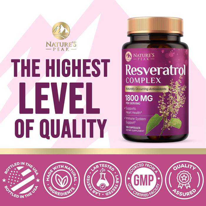 100% Natural Resveratrol 1800mg - 3X Strength Trans-Resveratrol Pills for Heart Health, Best Resveratrol Supplements, Potent Polyphenols Antioxidant Complex, Non-GMO, Bottled in USA - 120 Capsules
