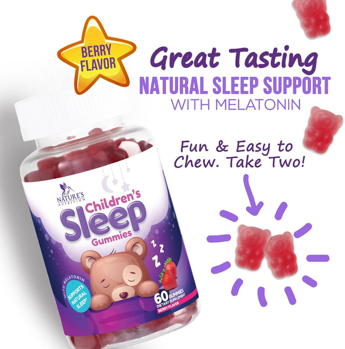 Kids Sleep Gummies, 2mg Melatonin, Nature's Effective & Drug-Free Restful Sleep Support Supplement, Childrens Melatonin Gummy for Ages 4 & Up, Vegan, Non-GMO, Natural Color & Berry Flavor - 60 Gummies