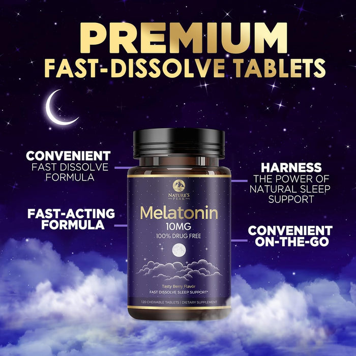 Melatonin 10mg, Strawberry-Flavored Fast Dissolve Tablets for Natural Sleep Support, Maximum Strength Melatonin Dietary Sleep Supplement for Adults, Sugar Free, Vegetarian, Non-GMO