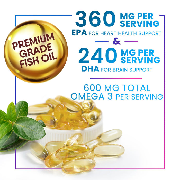 Omega 3 Fish Oil 2400 mg Supplement, Sustainably Sourced, Triple Strength Omega-3 Supplement Softgels, Brain Health Support, EPA & DHA Fish Oil Fatty Acids Supplements, Gluten & GMO Free, 60 Softgels