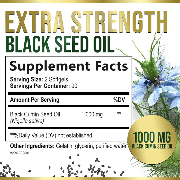 Premium Black Seed Oil Capsules Vegan Cold-Pressed 1000mg - Extra Strength Nigella Sativa Black Seed Oil, Nature's Pure Black Cumin Seed Oil for Immune, Hair and Brain Support, Non-GMO