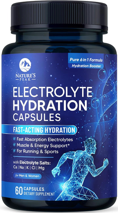Electrolytes Supplement - 6-in-1 Advanced Hydration Complex with Sodium Chloride, Magnesium, Potassium, Calcium, Vitamin D3 - Best Sugar Free Hydrating Mineral Salt Pills - Vegan & Keto - 60 Capsules