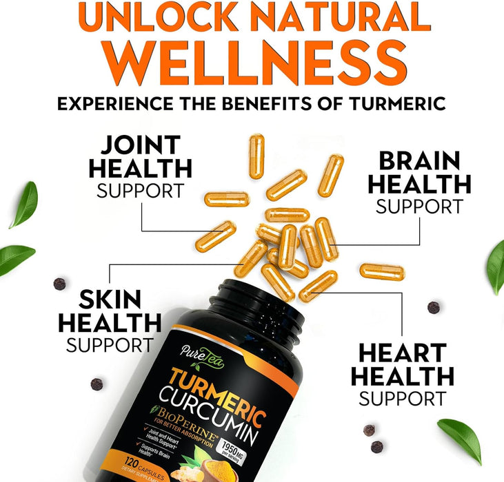 Turmeric Curcumin with BioPerine 1950mg, 95% Standardized Curcuminoids - Black Pepper for Max Absorption, Herbal Joint Support, Nature's Tumeric Extract Supplement Non-GMO