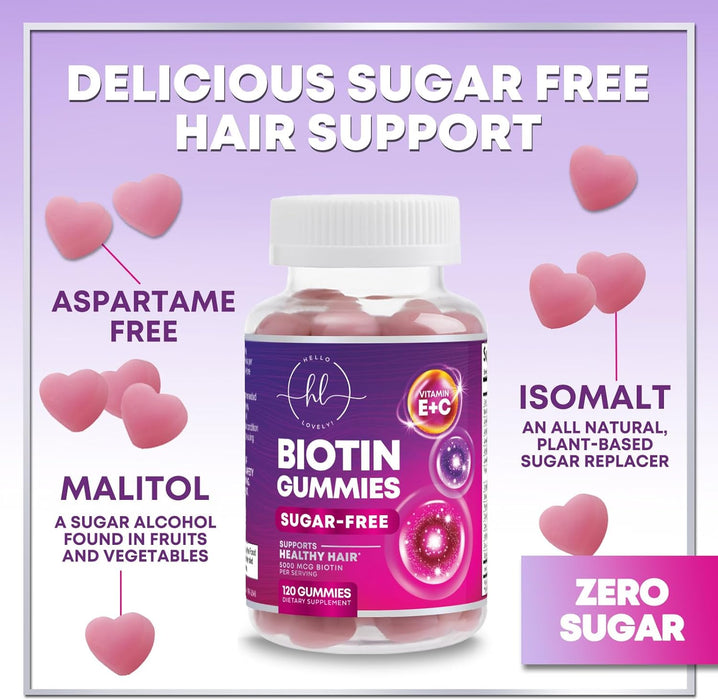 Hello Lovely! Hair Growth Vitamins Gummy with Biotin 5000 mcg Vitamin E & C, Hair Gummies for Keratin & Hair Growth Support, Hair, Skin & Nails Biotin Vitamin Supplement, Non-GMO