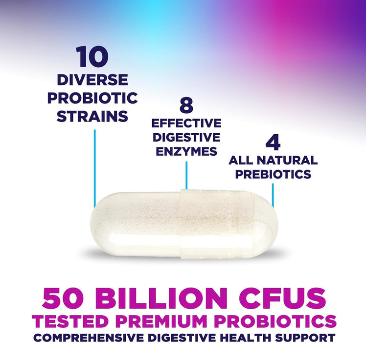 Probiotics 60 Billion CFU - 10 Strains + Digestive Enzymes & Prebiotics - Best Probiotic for Women & Men, Supports Immune, Gut Health, Occasional Constipation, Diarrhea, Gas & Bloating - 120 Capsules