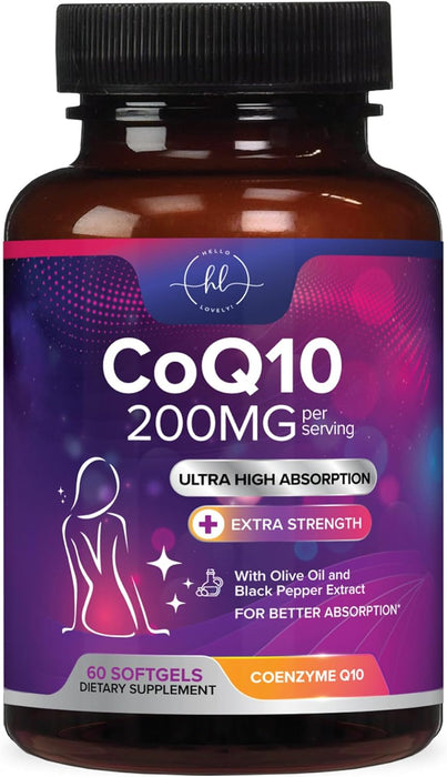 CoQ10 200mg Softgels - Ultra High Absorption, Antioxidant for Heart Health & Energy Production Support - Coenzyme Q10 Co Q 10 Vitamins and Supplements 100mg Each - Non GMO & Gluten Free