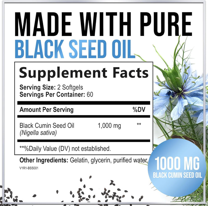 Premium Black Seed Oil Capsules - Extra Strength 1000mg - 100% Blackseed Oil for Immune Support & Skin Health (Non-GMO & Vegan) Pure Cold-Pressed Nigella Sativa Black Cumin Seed Oil