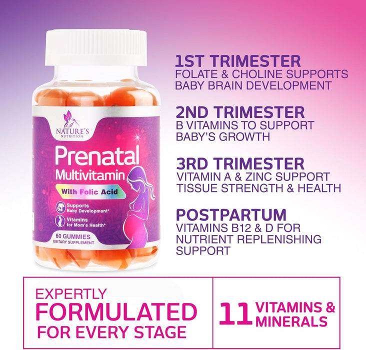 Nature's Nutrition Prenatal Multivitamin Gummy with Folic Acid, Prenatal Vitamins w/Folate, Choline, Vitamin A, C, D3, B12 & B6, Before, During & After Pregnancy Vitamins for Women