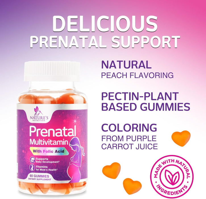 Nature's Nutrition Prenatal Multivitamin Gummy with Folic Acid, Prenatal Vitamins w/Folate, Choline, Vitamin A, C, D3, B12 & B6, Before, During & After Pregnancy Vitamins for Women