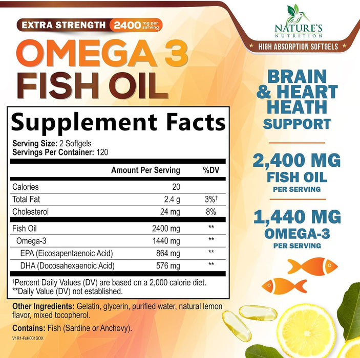 Omega 3 Fish Oil 2400 mg - Triple Strength EPA & DHA Fatty Acids for Heart, Brain & Joint Support Wild-Caught, Burpless, Lemon Flavor Supplement Natural, Non-GMO, Gluten-Free - 240 Softgels