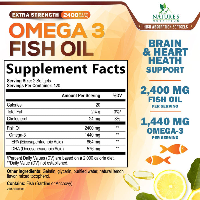 Omega 3 Fish Oil 2400 mg - Triple Strength EPA & DHA Fatty Acids for Heart, Brain & Joint Support Wild-Caught, Burpless, Lemon Flavor Supplement Natural, Non-GMO, Gluten-Free - 240 Softgels