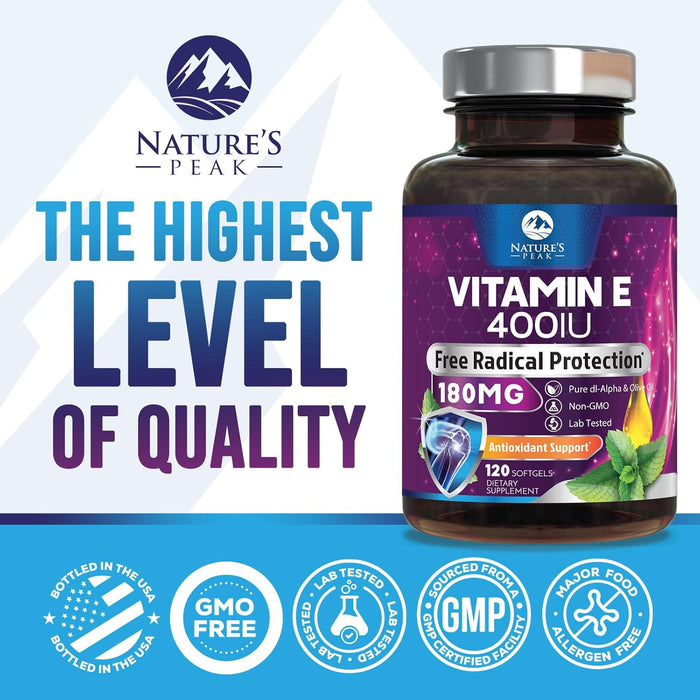 E Vitamin for Women and Men - 180 mg (400 IU) dl-Alpha - Effective Antioxidant Dietary Supplement - Hair, Skin, & Immune Health Support - Easily Absorbed Form, Non-GMO & Gluten Free